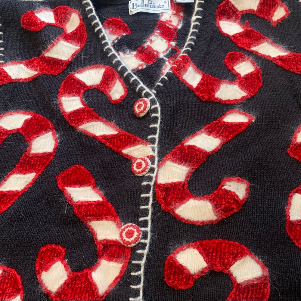 Belle Pointe VTG Ramie Button Front Embellished Candy Cane Christmas Vest - Picture 11 of 15
